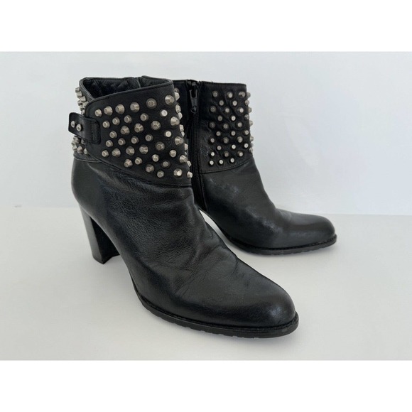 Stuart Weitzman Studded Leather Ankle Moto Boots 3” Block Heel Black Size 9 - Picture 1 of 11